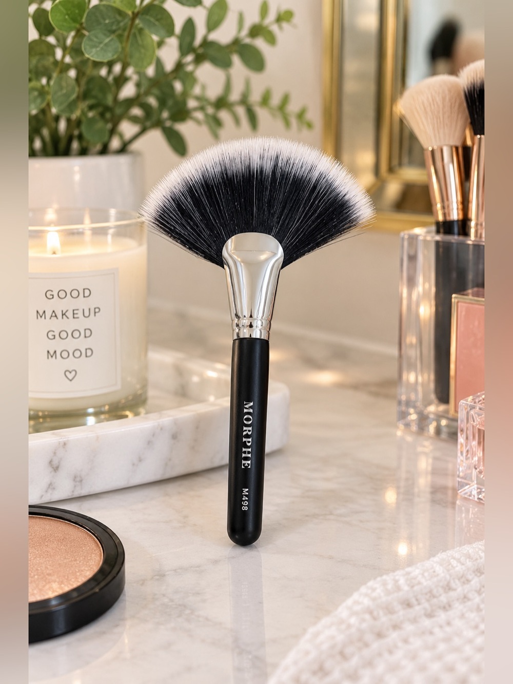 Morphe M498 Duo Deluxe Fan Makeup Brush Black Silver New
